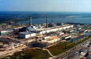 Aerial view of Chernobyl nuclear power plant with sarcophagus in place.