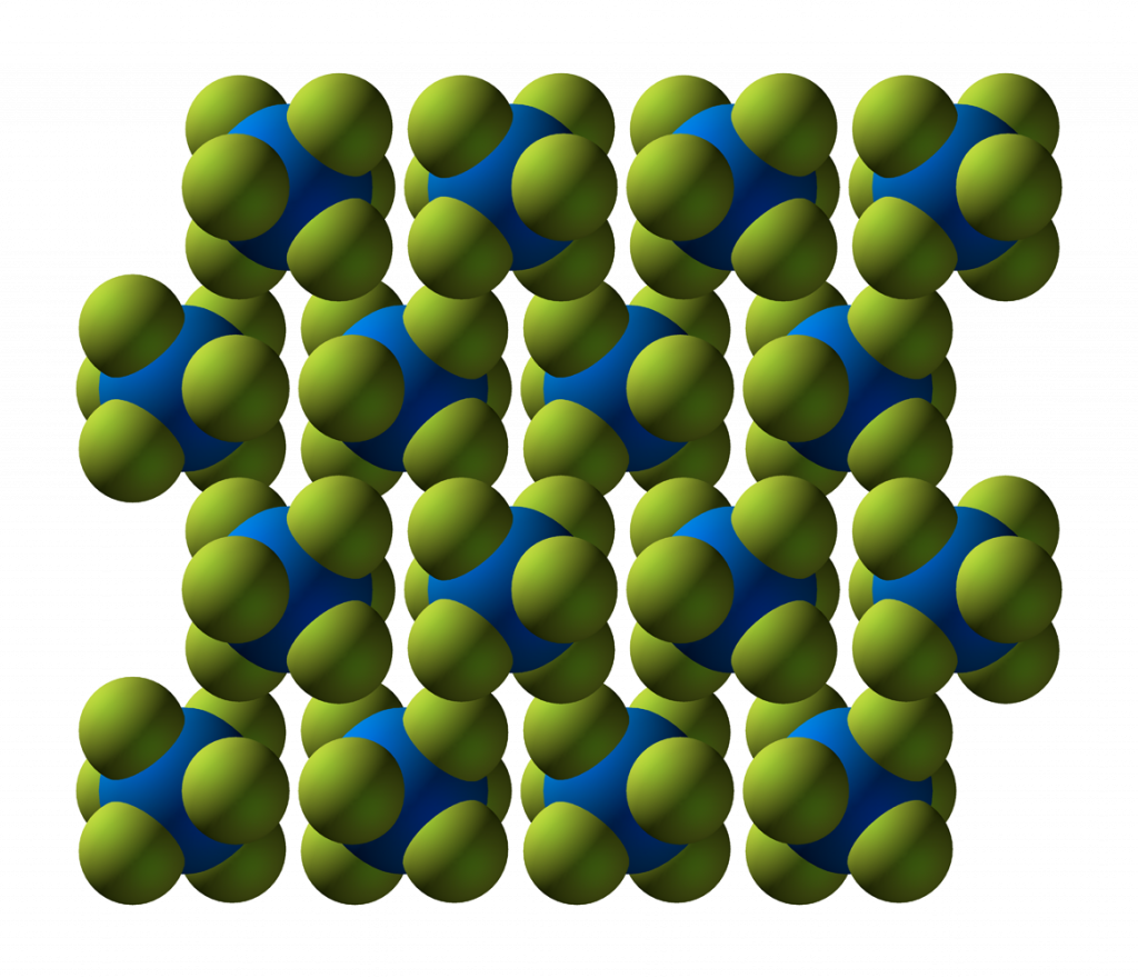 D crystal structure of uranium hexafluoride (UF₆), the end product of the nuclear conversion process.