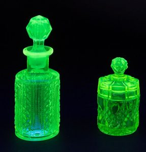 Uranium glass predates the 'Atomic Age', being discovered in 1789. The addition of uranium gave the pieces a recognisable green or yellow colour and meant that they glow under ultraviolet light.