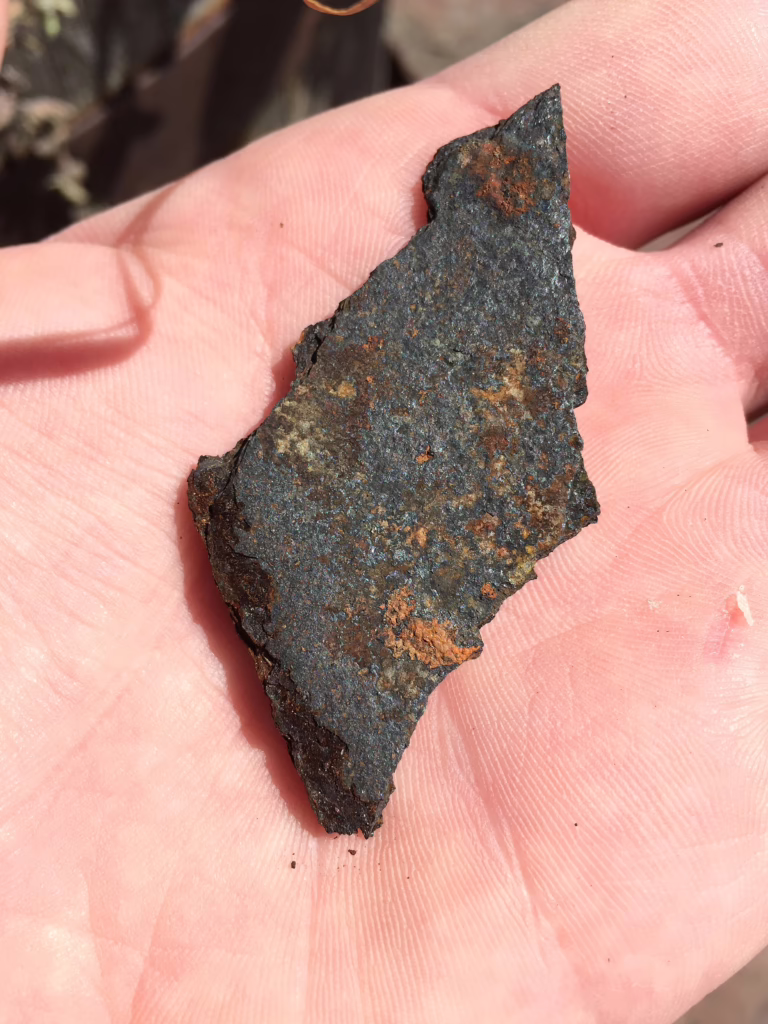 Plutonium metal with spots of oxididsed plutonium dioxide across the surface of the sample.