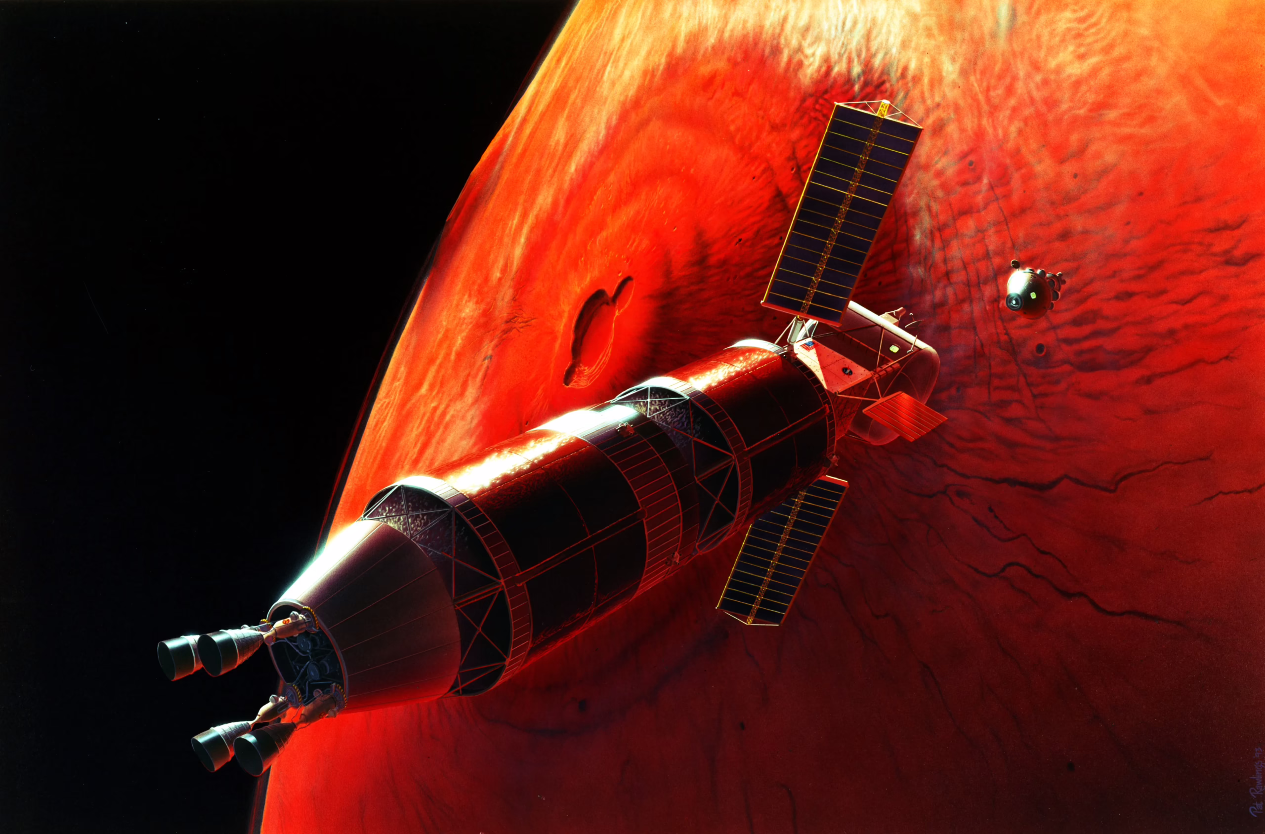 Artist's impression of a nuclear thermal propulsion transfer vehicle preparing to dock with a mars lander.