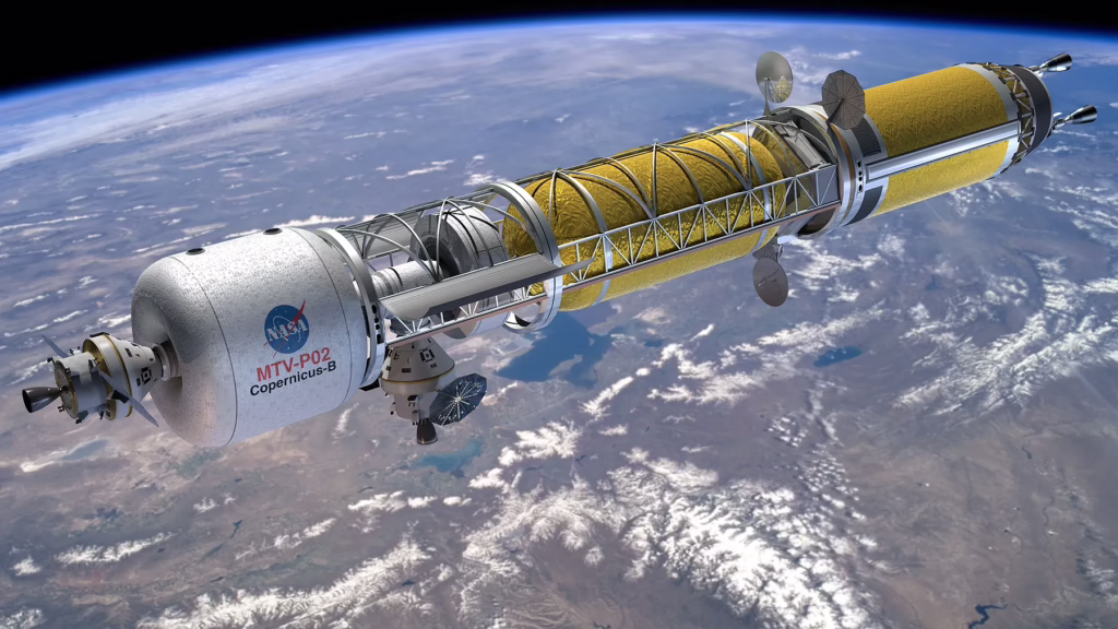 Concept of a 'Bimodal Nuclear Thermal Transfer Vehicle' docked to the crewed Orion spacecraft.