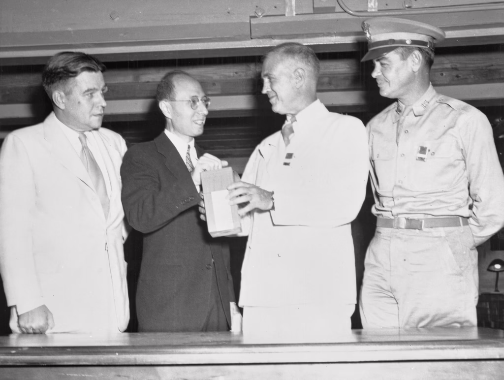 Eugene Wigner hands over the first shipment of a reactor-produced radioisotope, 1946