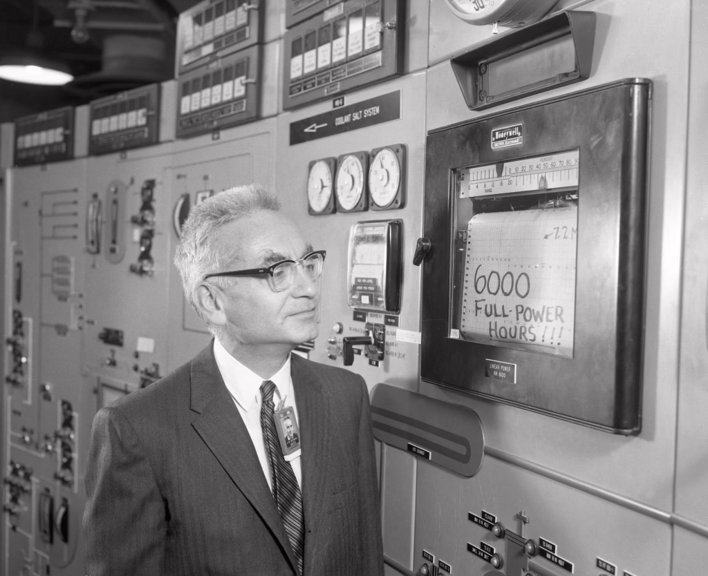 ORNL Director Alvin Weinberg marks 6000 full power hours of Molten Salt Reactor Experiment (MSRE) operation.