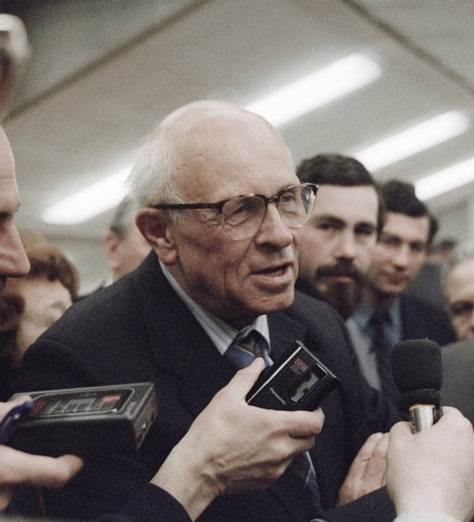 Academician Andrei Sakharov being interviewed at a conference of the U.S.S.R. Academy of Sciences.