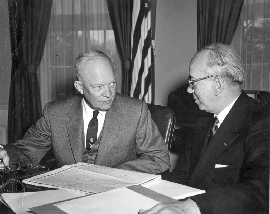 Lewis Strauss briefing US President Eisenhower on the first hydrogen bomb tests of Operation Castle, 1954