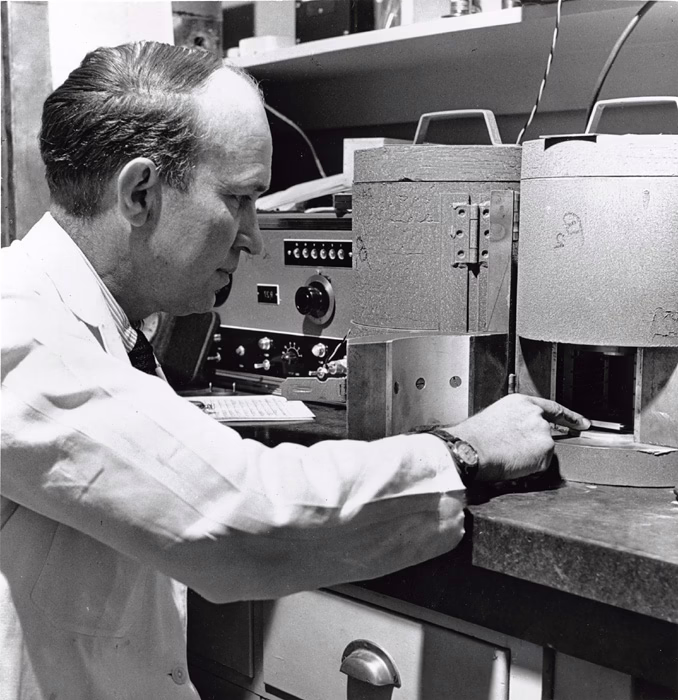 John H. Lawrence in the laboratory