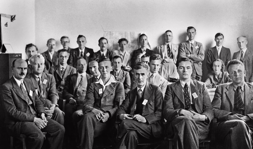 Mark Oliphant (seated, second left) with his Manhattan Project research group at the University of Liverpool, 1944